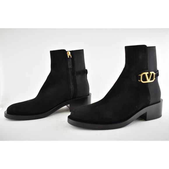 Valentino V Logo Gold Black Suede Block Heel Short Ankle Chelsea Zip Bootie 37.5 - Picture 8 of 10